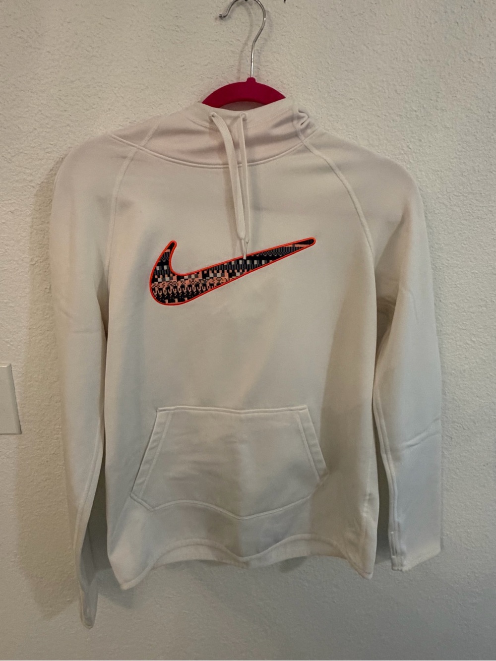 Nike white Pullover Hoodie with Black Patterned Swoosh and Orange Trim